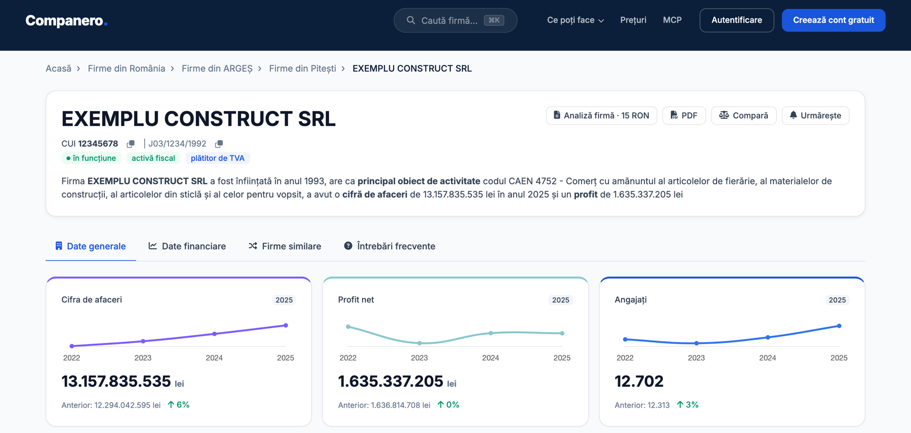 Profil de firmă din Companero, platforma noastră cu 2,7 milioane de companii. Date de exemplu, anonimizate.