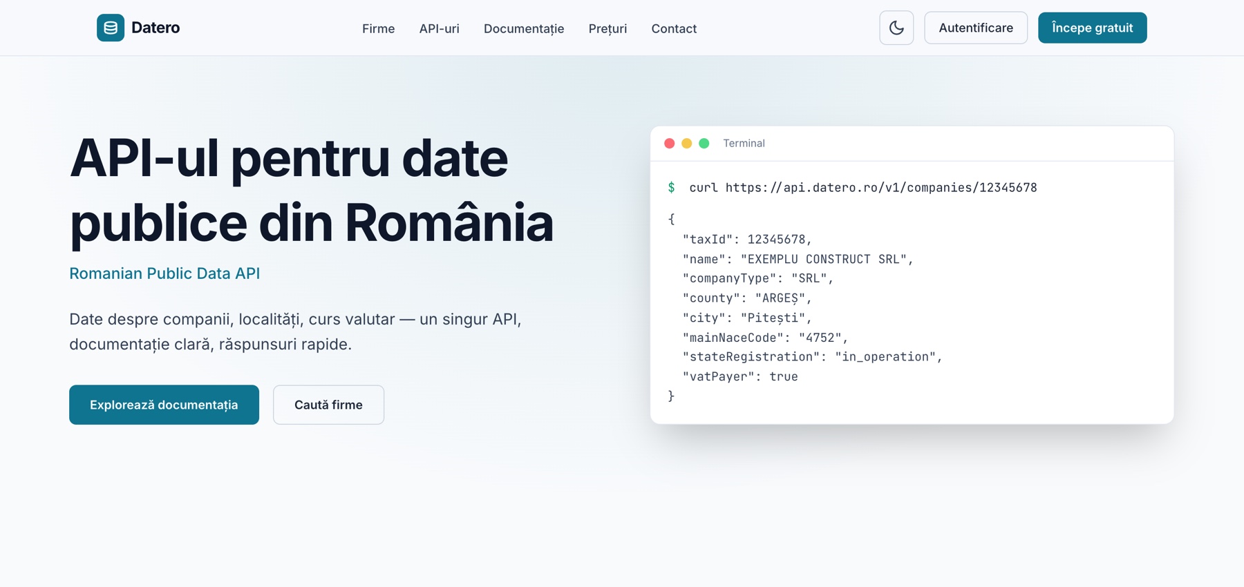 datero.ro — API-ul de date publice, cu exemplu de răspuns (date anonimizate)